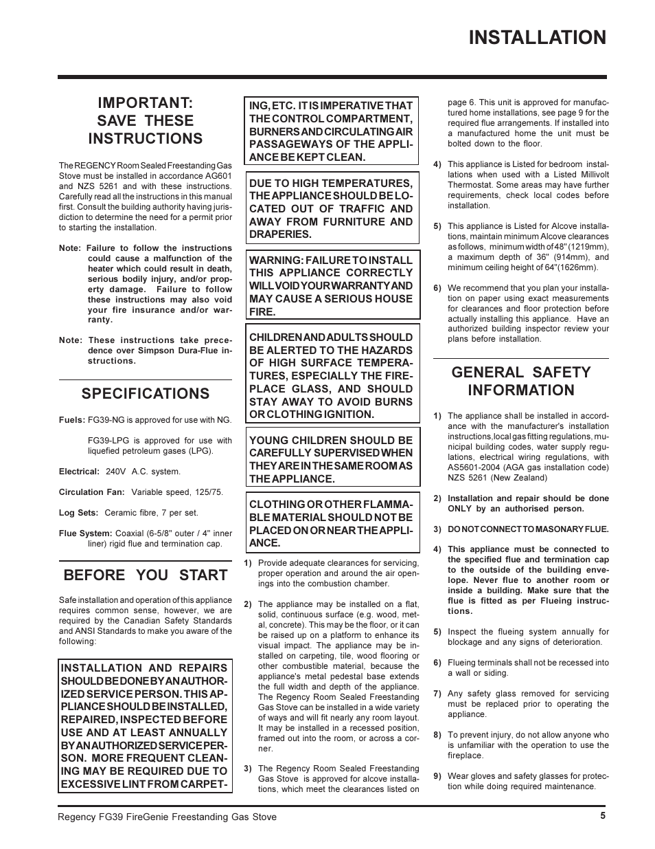 Installation, Important: save these instructions, Specifications | Before you start, General safety information | Regency FIREGENIE FG39-NG User Manual | Page 5 / 36