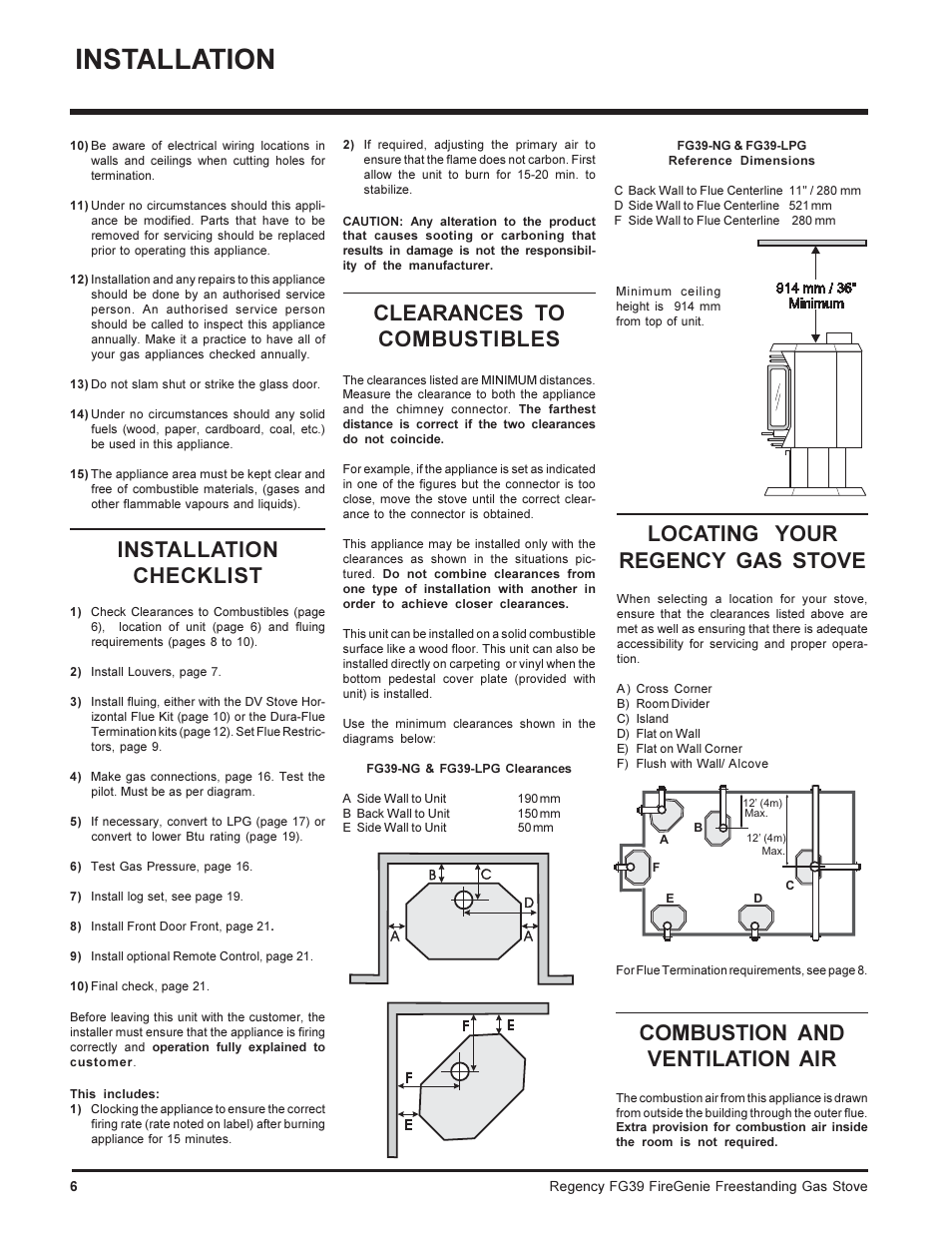 Installation, Clearances to combustibles, Installation checklist | Locating your regency gas stove, Combustion and ventilation air | Regency FIREGENIE FG39-NG User Manual | Page 6 / 36