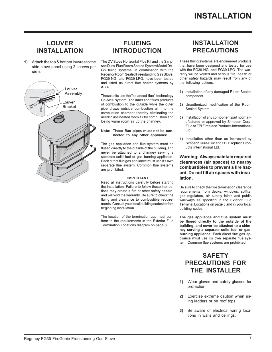Installation, Louver installation, Flueing introduction | Installation precautions, Safety precautions for the installer | Regency FIREGENIE FG39-NG User Manual | Page 7 / 36