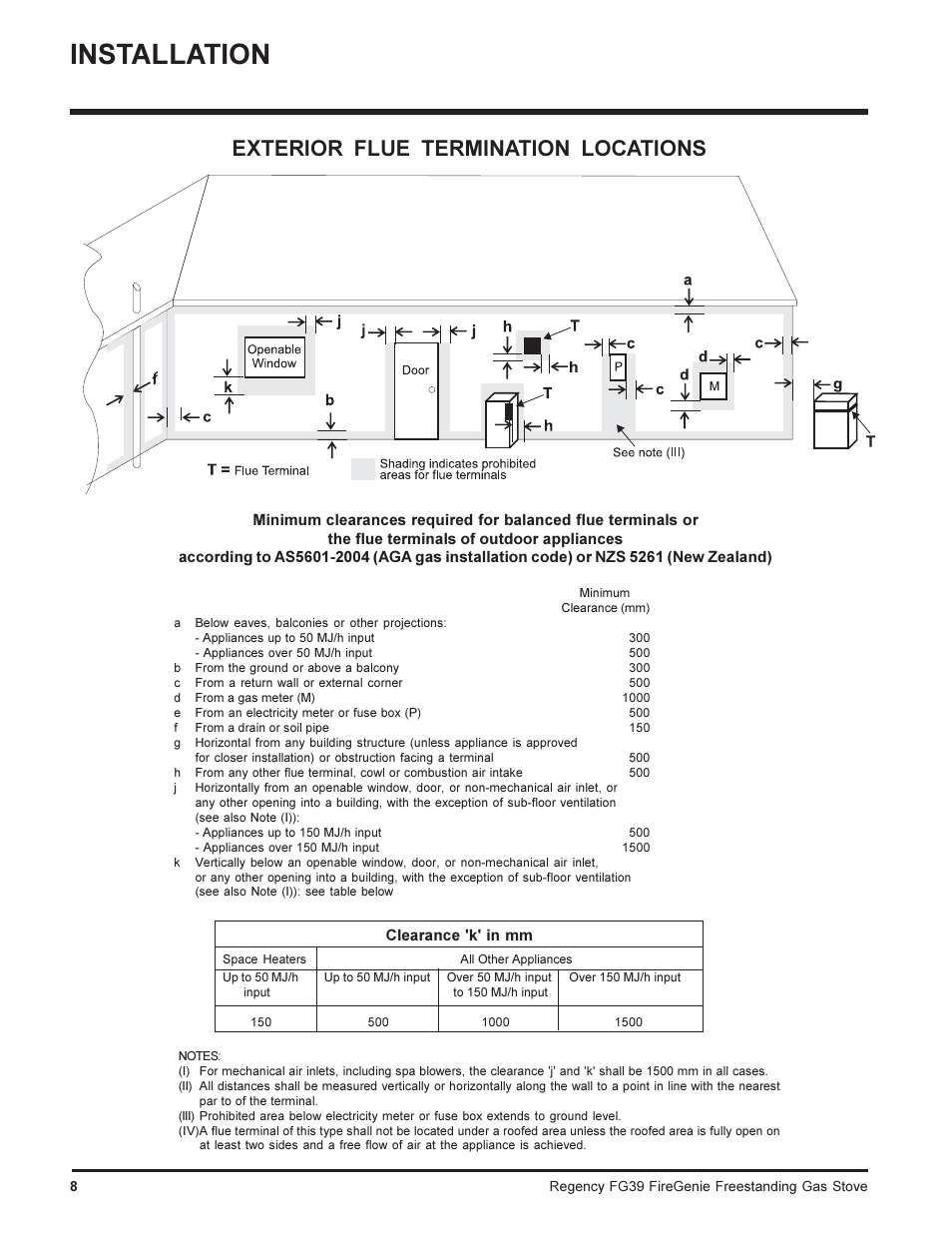 Installation, Exterior flue termination locations | Regency FIREGENIE FG39-NG User Manual | Page 8 / 36