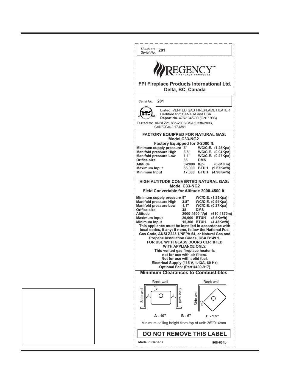 Safety label, Do not remove this label, Minimum clearances to combustibles | Regency C33-NG2 User Manual | Page 4 / 24