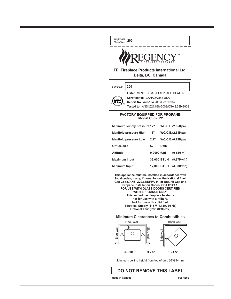 Safety label, Do not remove this label, Minimum clearances to combustibles | Regency C33-NG2 User Manual | Page 5 / 24