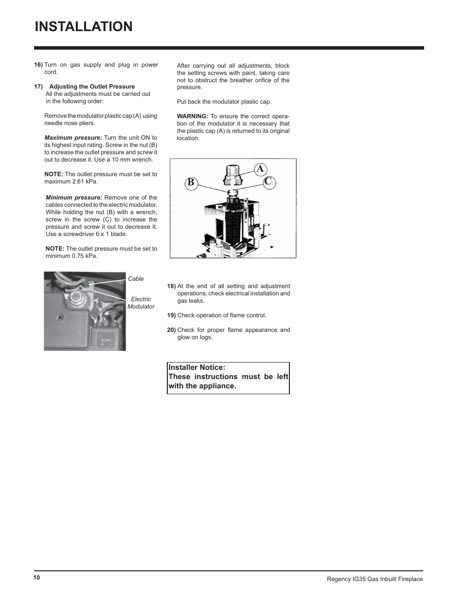 Installation, Cb a | Regency IG35-ULPG User Manual | Page 10 / 31