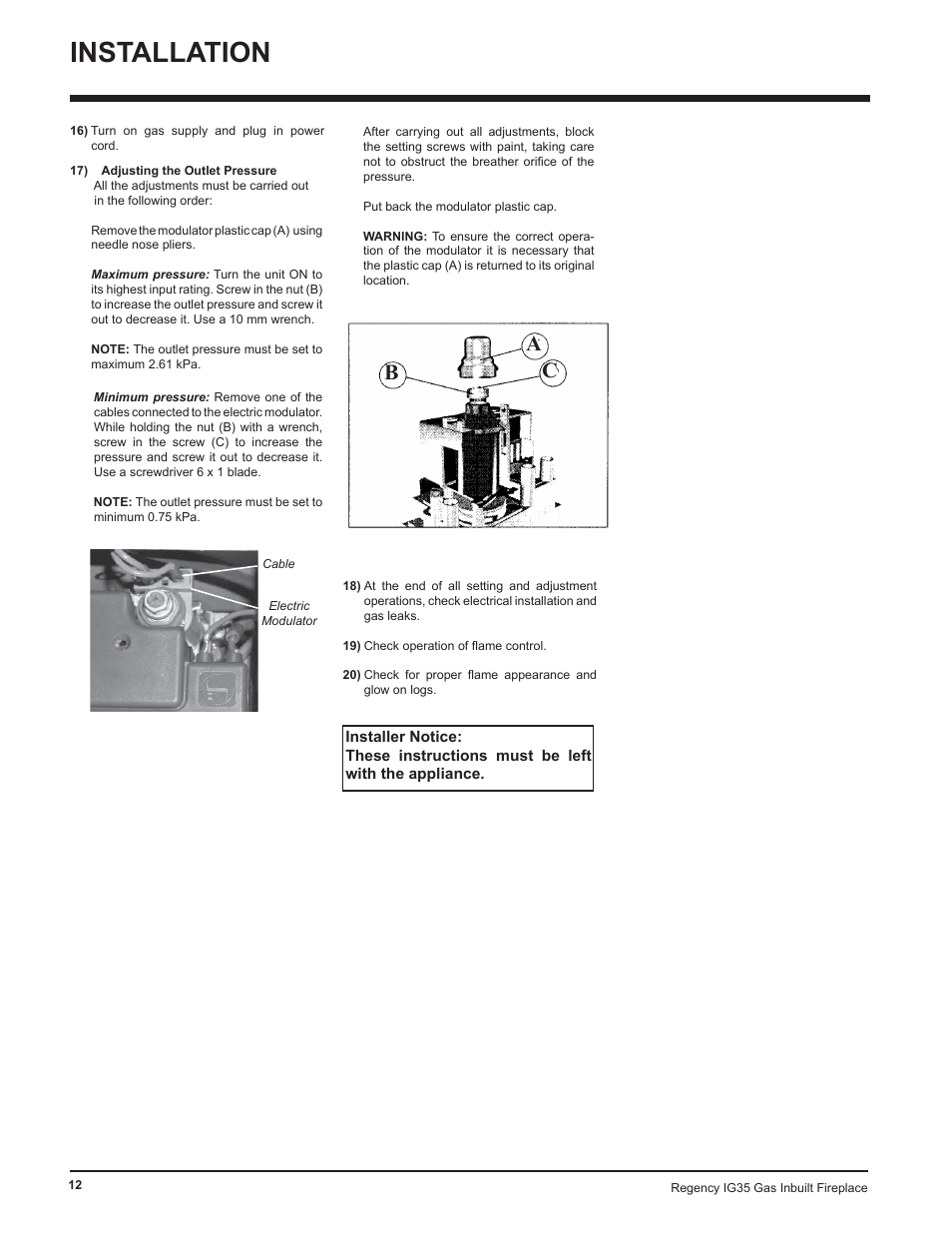 Installation, Cb a | Regency IG35-ULPG User Manual | Page 12 / 31