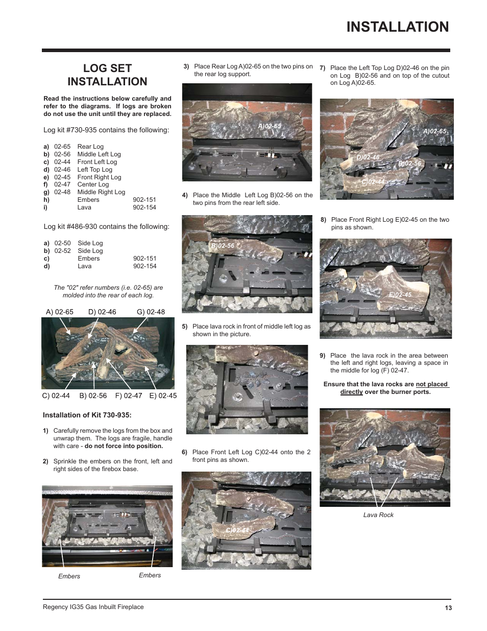 Installation, Log set installation | Regency IG35-ULPG User Manual | Page 13 / 31