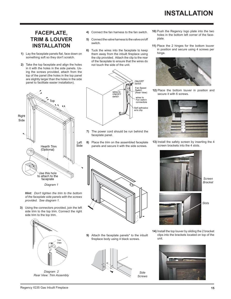 Installation, Faceplate, trim & louver installation | Regency IG35-ULPG User Manual | Page 15 / 31