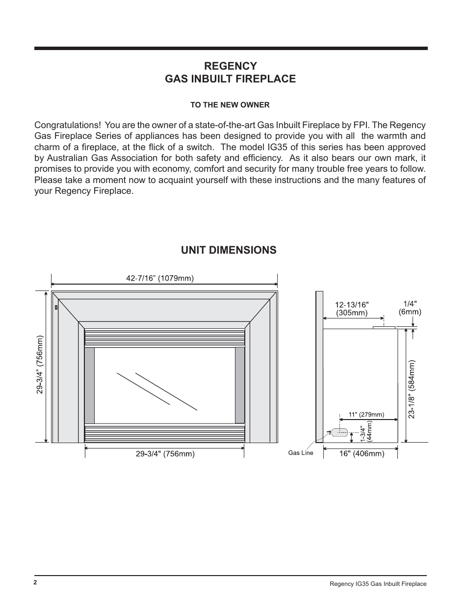 Regency gas inbuilt fireplace, Unit dimensions | Regency IG35-ULPG User Manual | Page 2 / 31