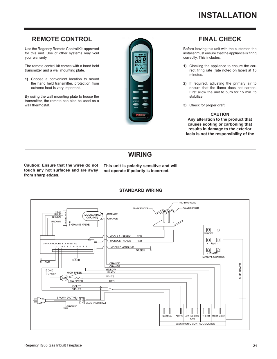 Installation, Remote control, Final check | Wiring | Regency IG35-ULPG User Manual | Page 21 / 31