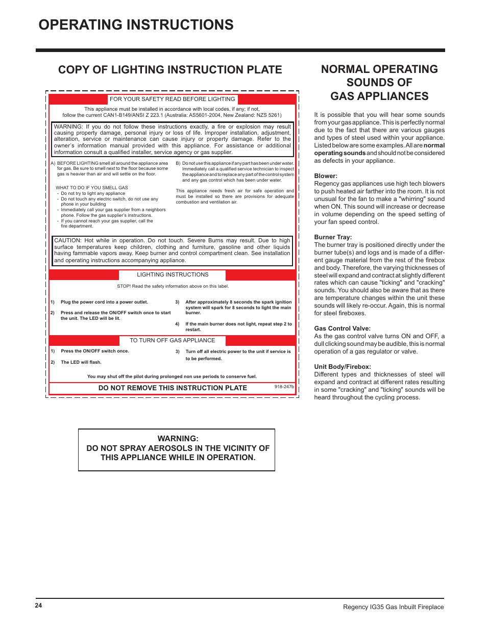 Operating instructions, Copy of lighting instruction plate, Normal operating sounds of gas appliances | Regency IG35-ULPG User Manual | Page 24 / 31