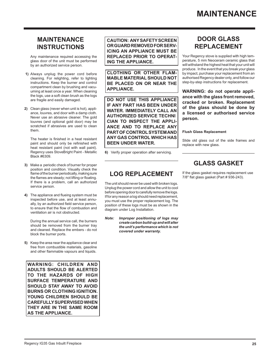 Maintenance, Maintenance instructions, Log replacement | Door glass replacement, Glass gasket | Regency IG35-ULPG User Manual | Page 25 / 31