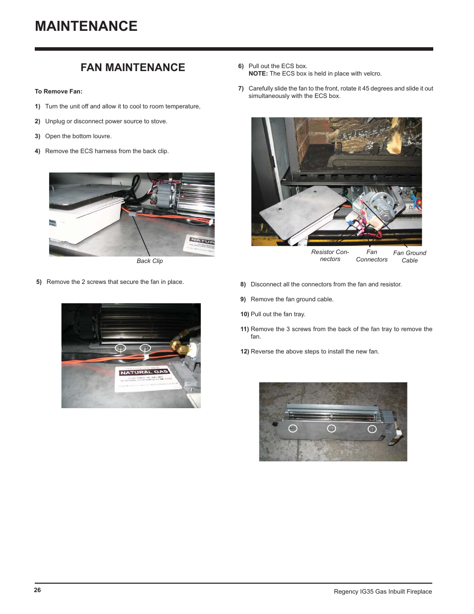 Maintenance, Fan maintenance | Regency IG35-ULPG User Manual | Page 26 / 31