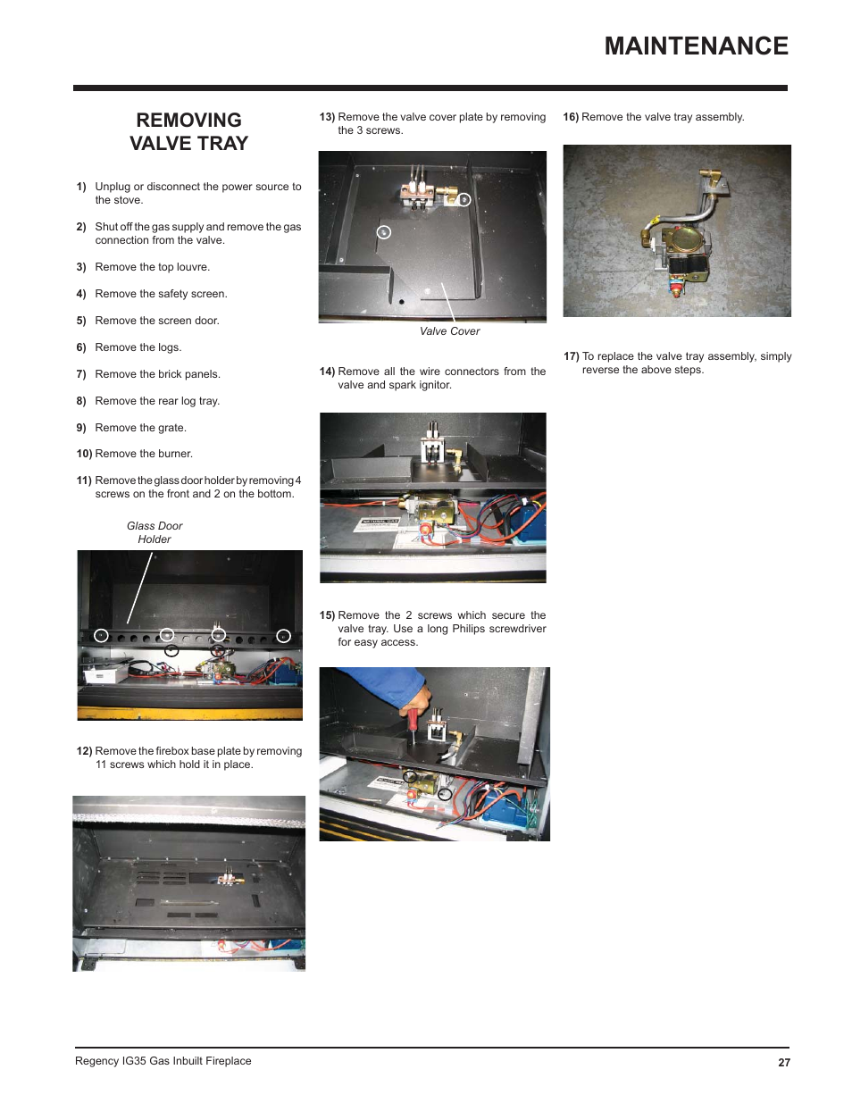 Maintenance, Removing valve tray | Regency IG35-ULPG User Manual | Page 27 / 31