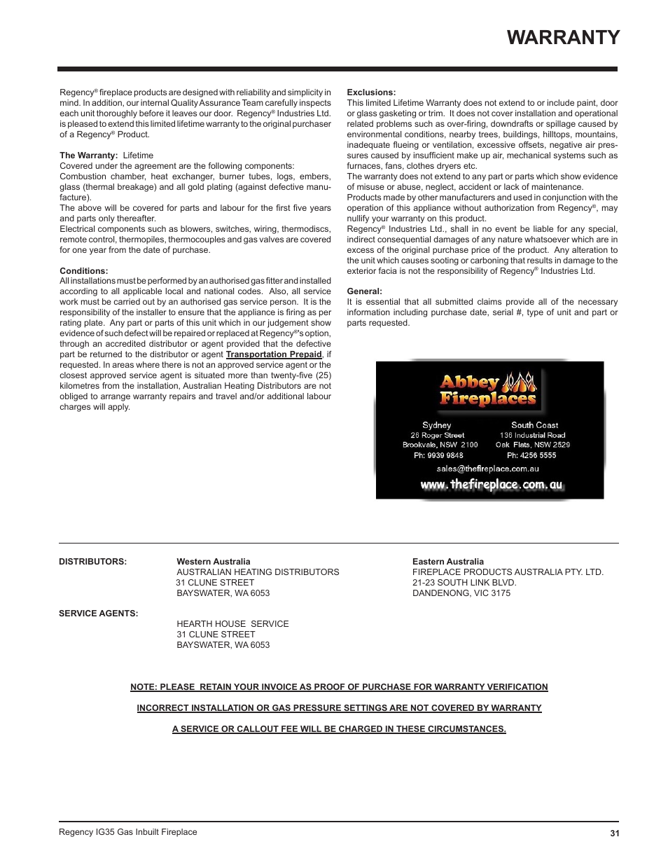 Warranty | Regency IG35-ULPG User Manual | Page 31 / 31