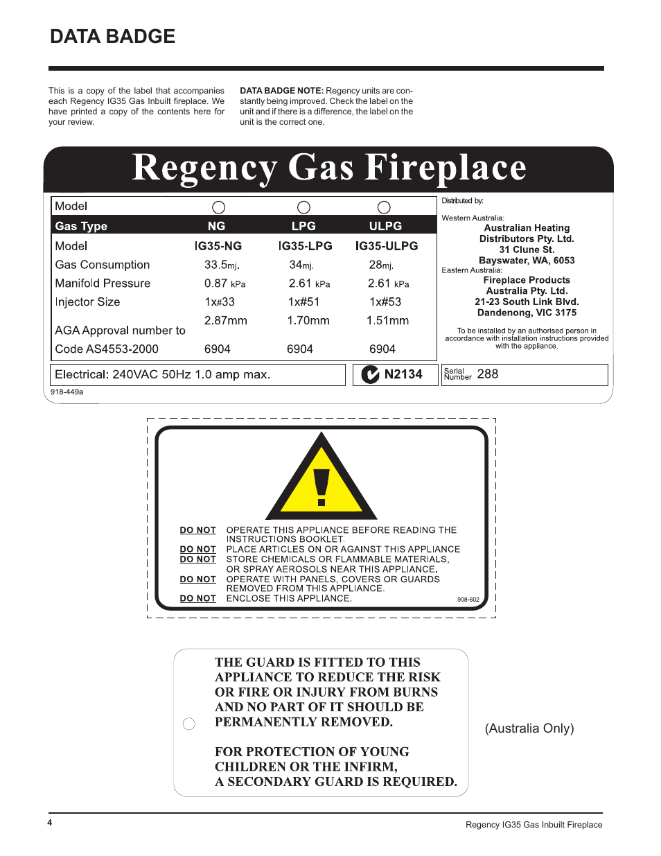 Data badge | Regency IG35-ULPG User Manual | Page 4 / 31