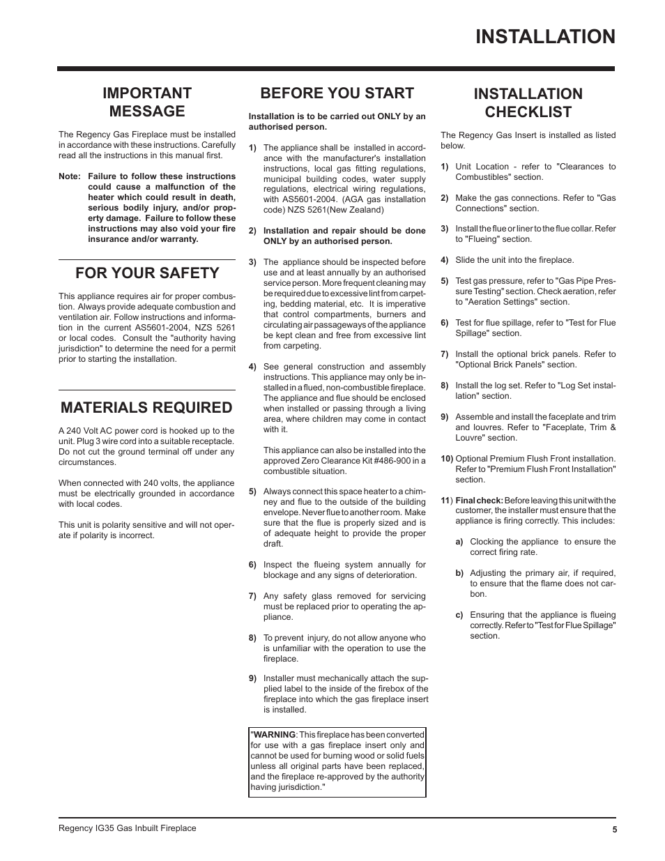 Installation, Important message, For your safety | Before you start, Materials required, Installation checklist | Regency IG35-ULPG User Manual | Page 5 / 31