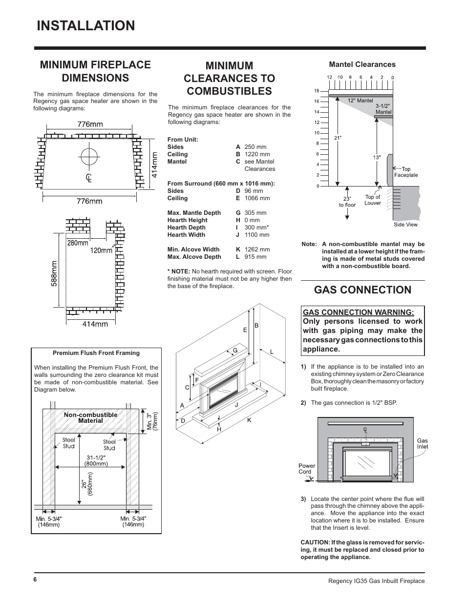 Installation, Gas connection, Minimum fireplace dimensions | Minimum clearances to combustibles | Regency IG35-ULPG User Manual | Page 6 / 31