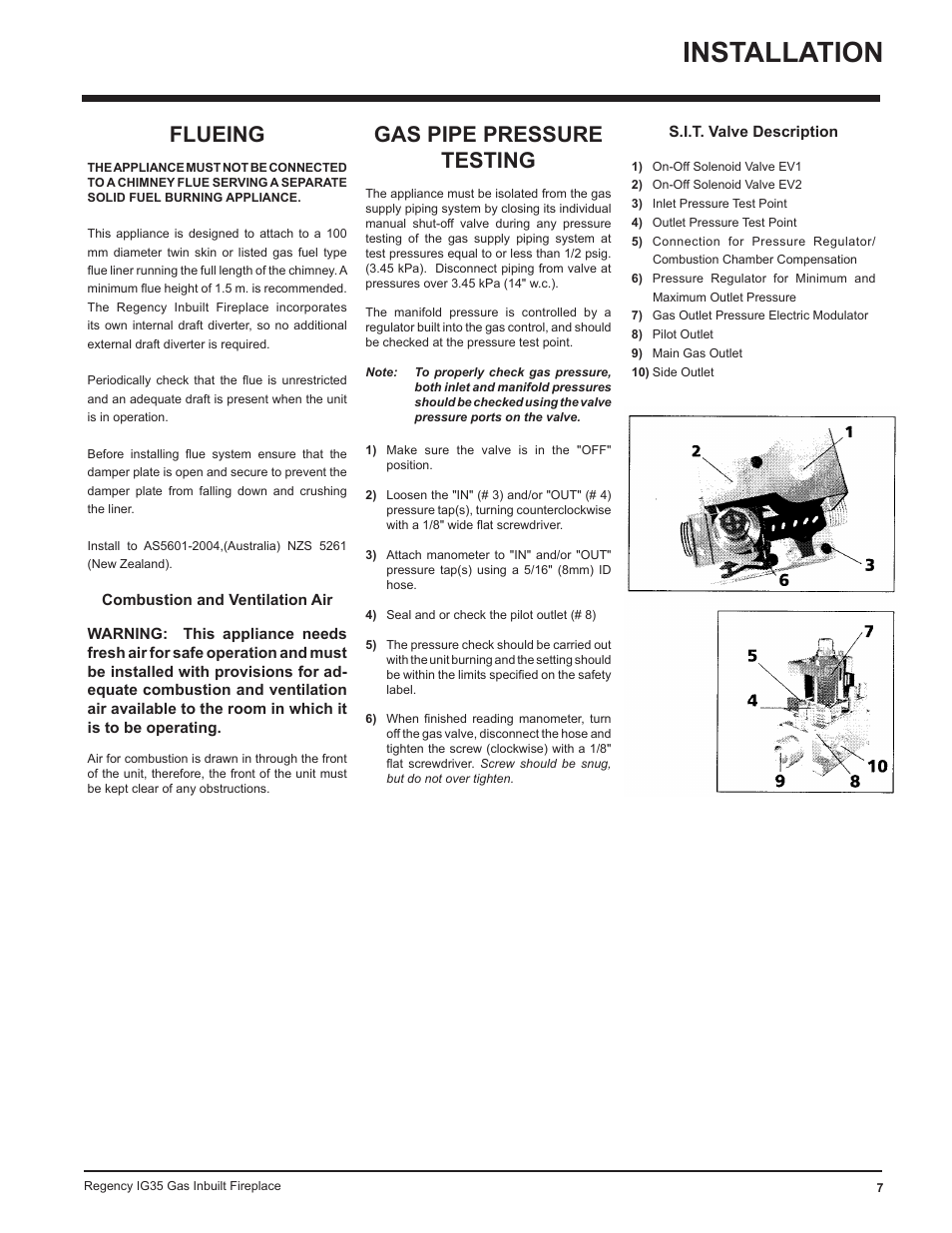 Installation, Flueing, Gas pipe pressure testing | Regency IG35-ULPG User Manual | Page 7 / 31