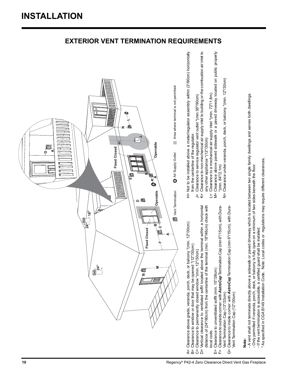 Installation, Exterior vent termination requirements | Regency P42-NG4 User Manual | Page 10 / 48