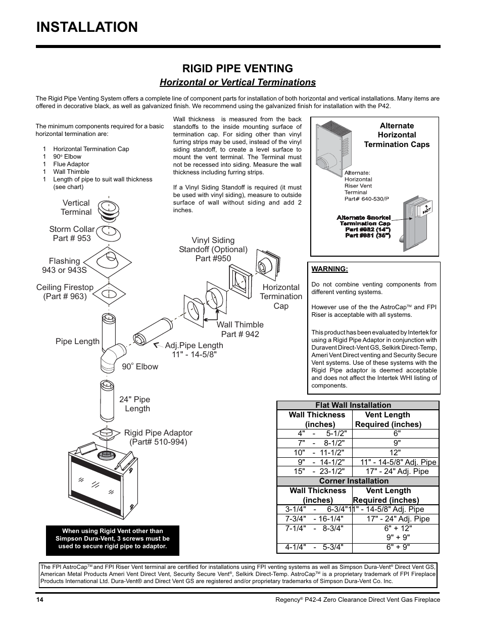 Installation, Rigid pipe venting, Horizontal or vertical terminations | Regency P42-NG4 User Manual | Page 14 / 48