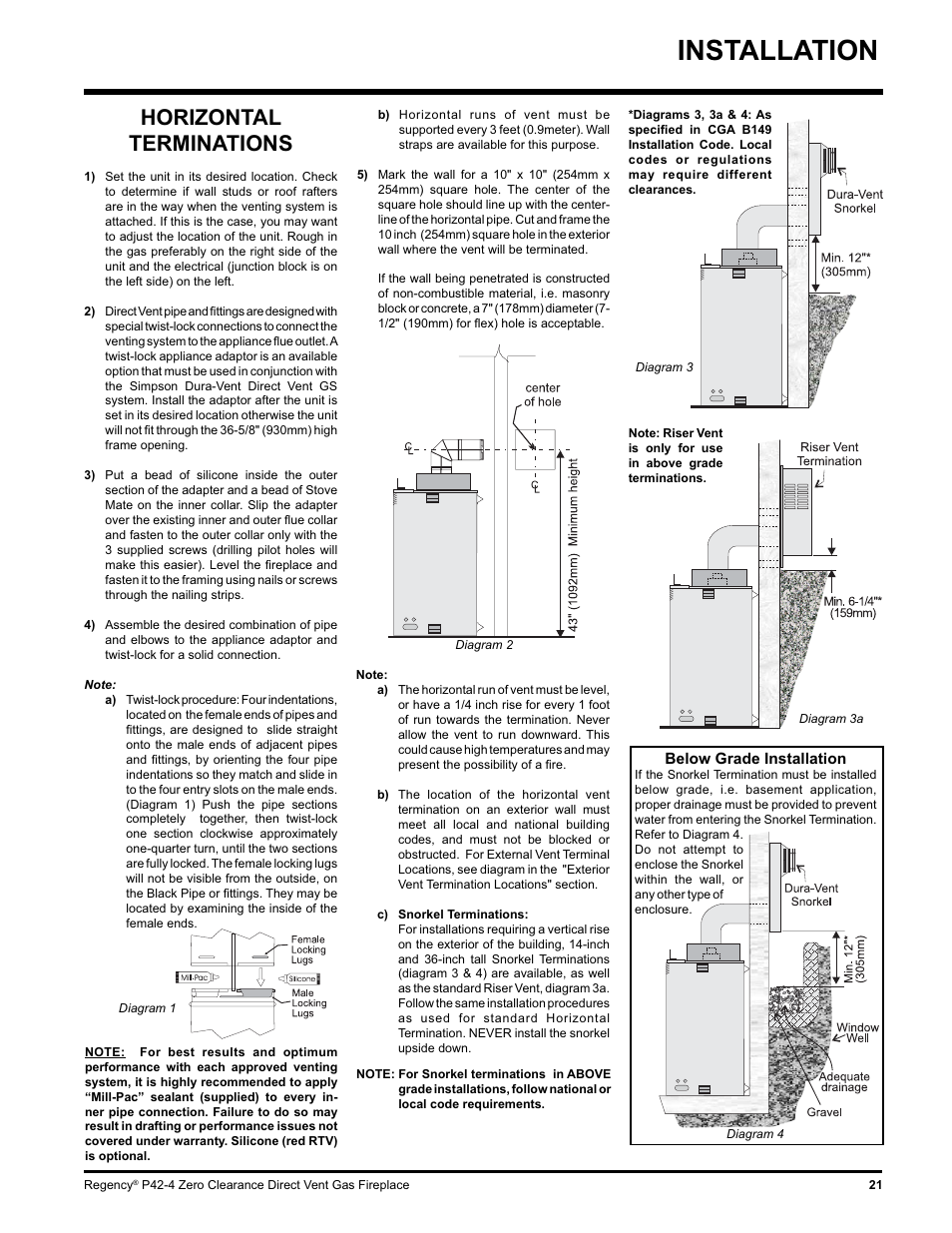 Installation, Horizontal terminations | Regency P42-NG4 User Manual | Page 21 / 48