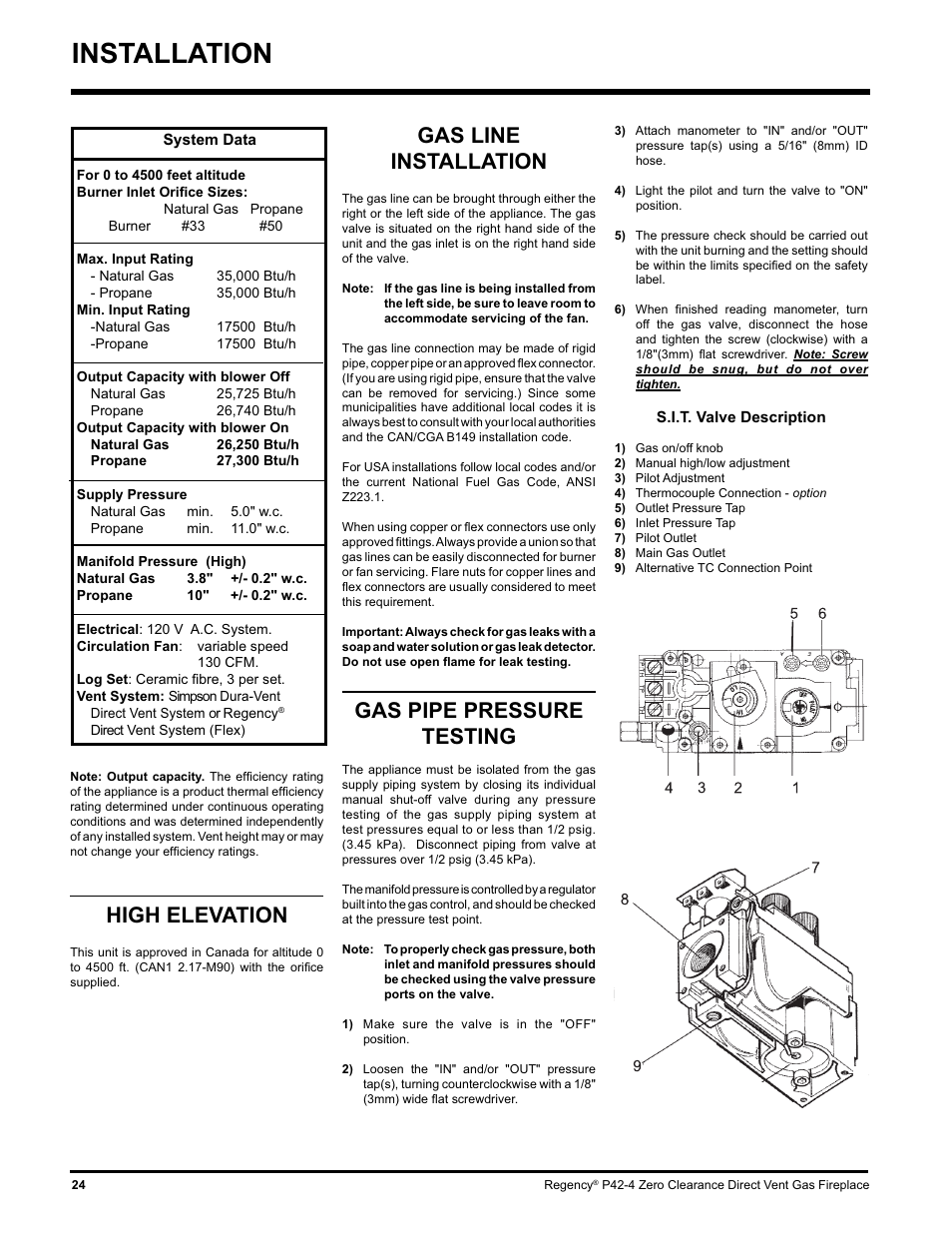 Installation, Gas line installation, Gas pipe pressure testing | High elevation | Regency P42-NG4 User Manual | Page 24 / 48