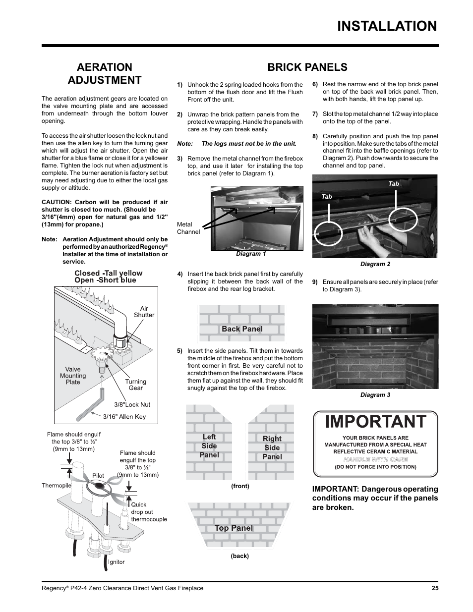 Installation, Aeration adjustment, Brick panels | Regency P42-NG4 User Manual | Page 25 / 48