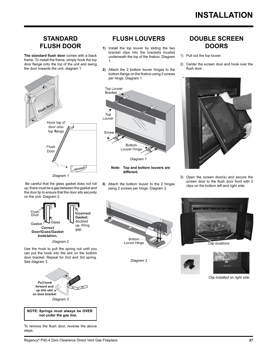 Installation, Standard flush door, Flush louvers | Double screen doors | Regency P42-NG4 User Manual | Page 27 / 48