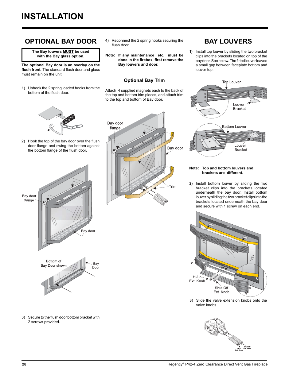 Installation, Bay louvers, Optional bay door | Regency P42-NG4 User Manual | Page 28 / 48