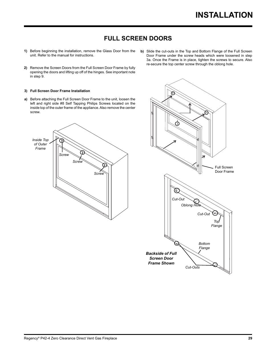 Installation, Full screen doors | Regency P42-NG4 User Manual | Page 29 / 48