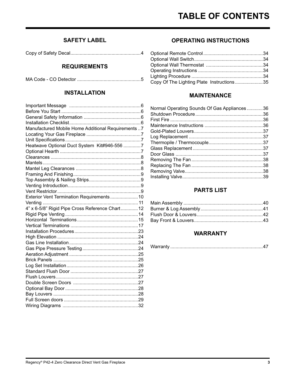 Regency P42-NG4 User Manual | Page 3 / 48