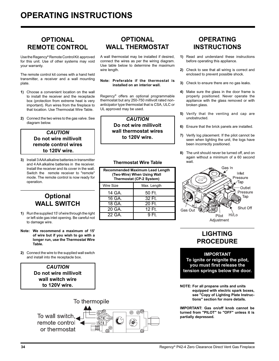 Optional wall thermostat, Operating instructions, Lighting procedure | Optional remote control, Optional wall switch | Regency P42-NG4 User Manual | Page 34 / 48