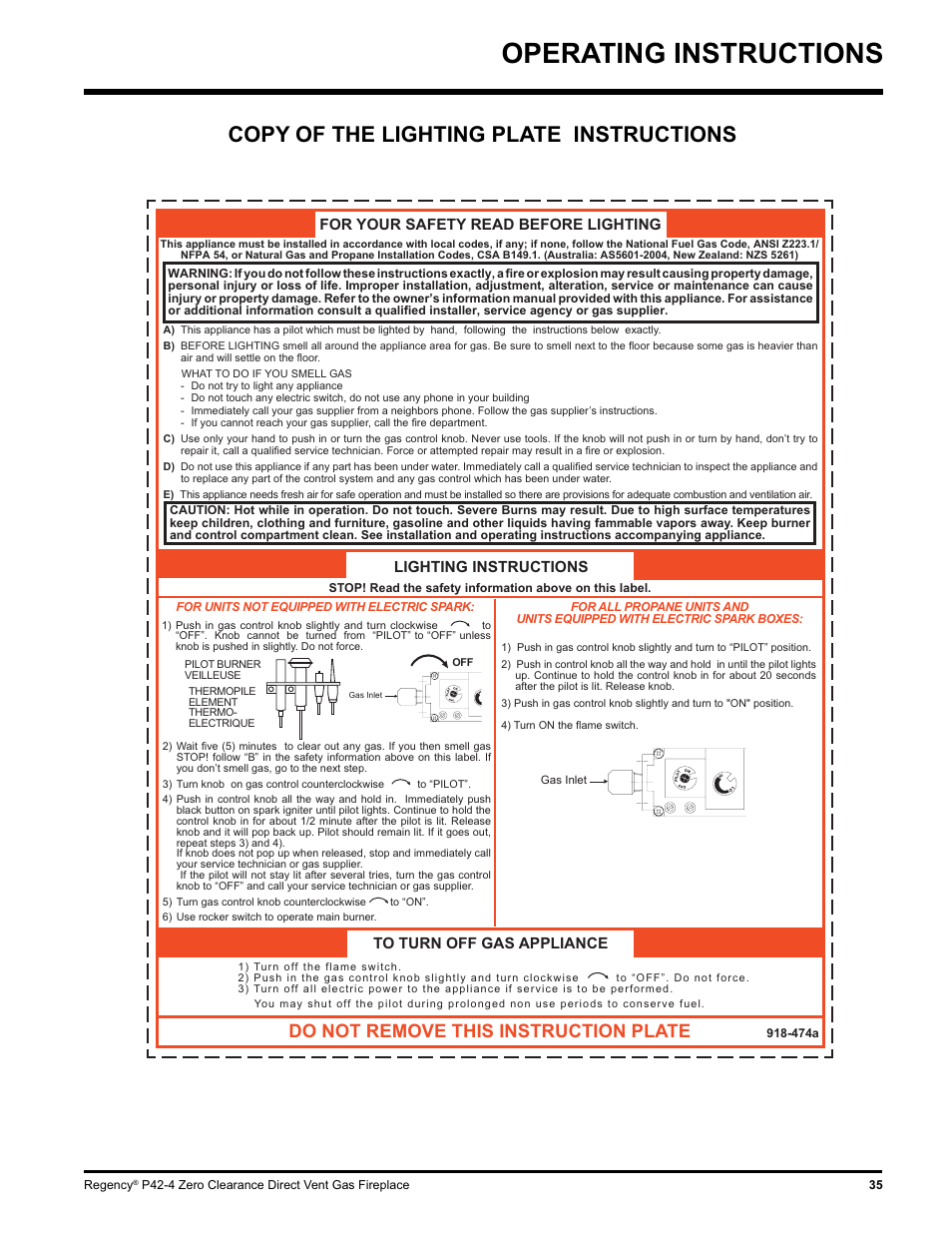 Operating instructions, Copy of the lighting plate instructions, Do not remove this instruction plate | For your safety read before lighting, Lighting instructions to turn off gas appliance | Regency P42-NG4 User Manual | Page 35 / 48