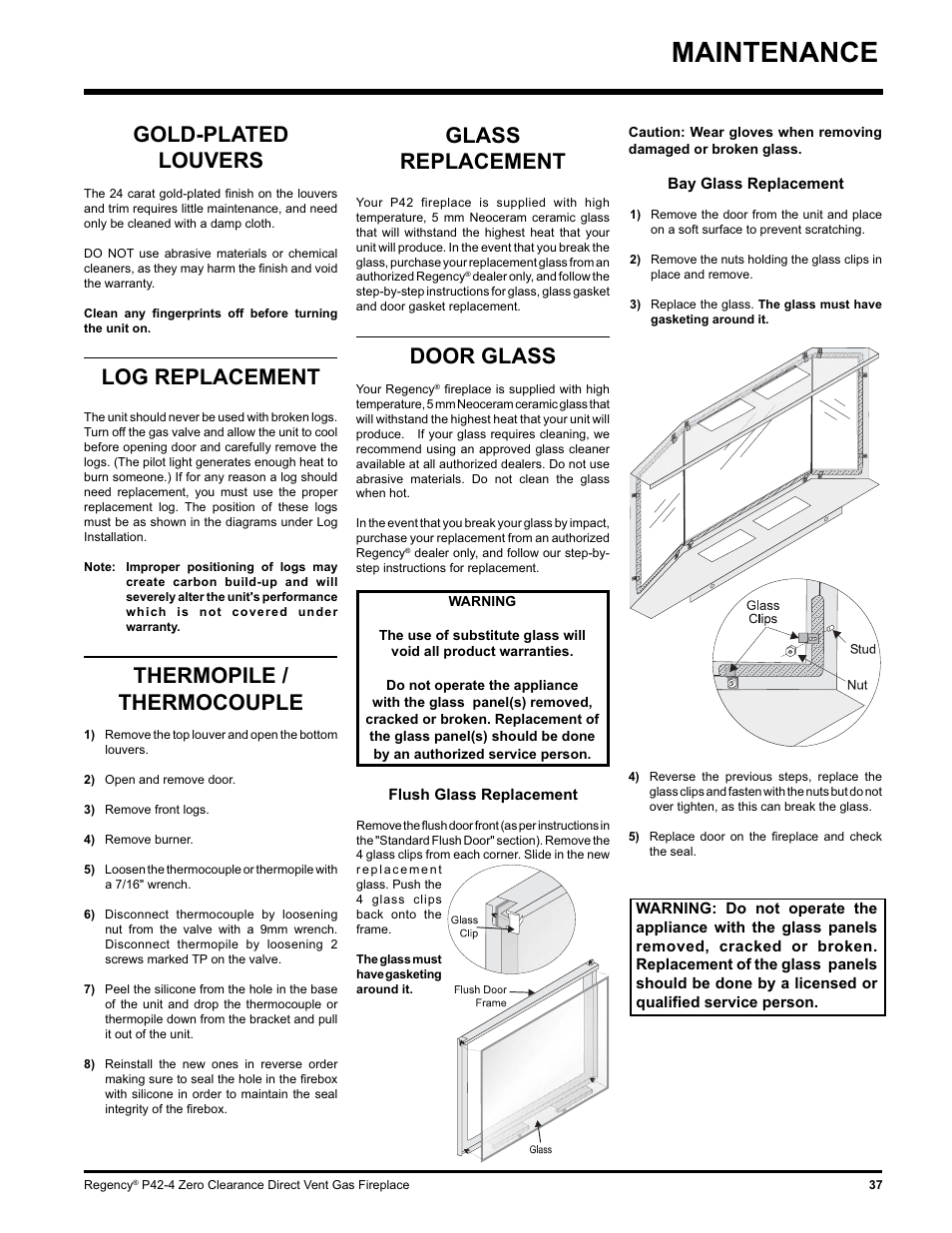 Maintenance, Glass replacement, Door glass | Gold-plated louvers, Log replacement, Thermopile / thermocouple | Regency P42-NG4 User Manual | Page 37 / 48