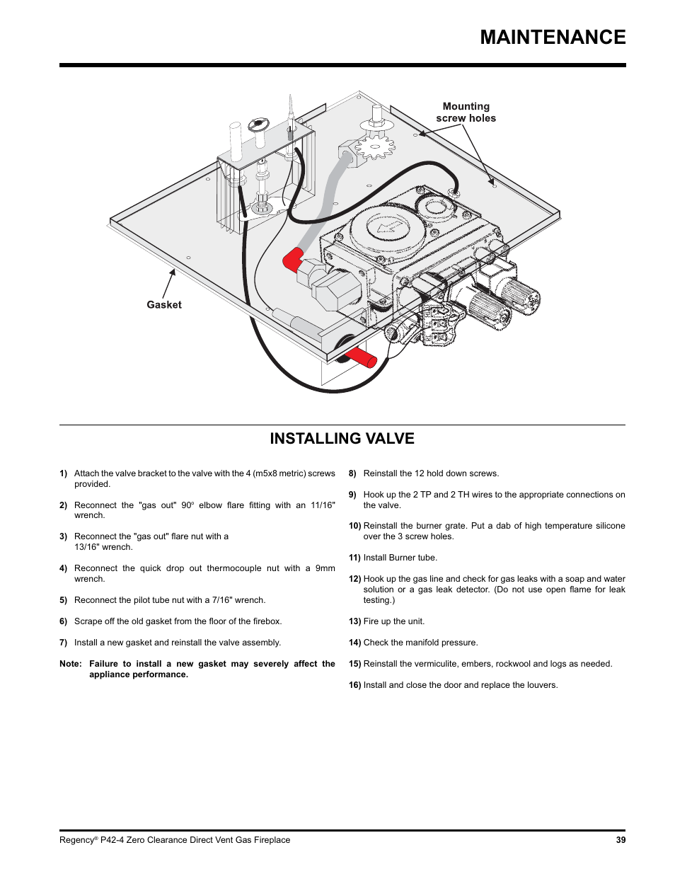 Maintenance, Installing valve | Regency P42-NG4 User Manual | Page 39 / 48