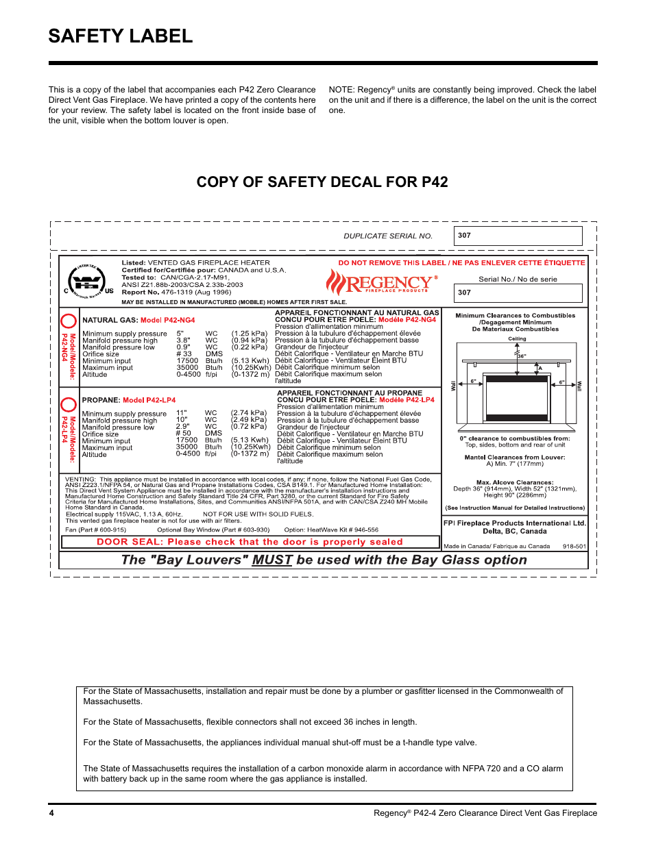 Safety label, Copy of safety decal for p42 | Regency P42-NG4 User Manual | Page 4 / 48