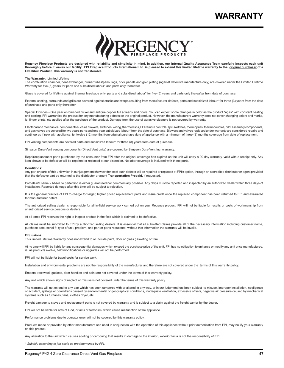 Warranty | Regency P42-NG4 User Manual | Page 47 / 48