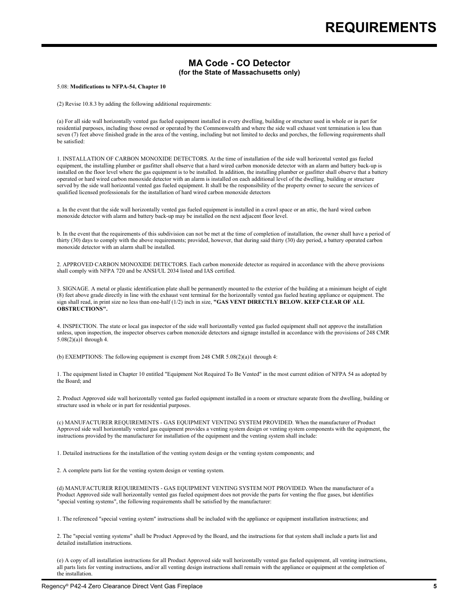 Requirements, Ma code - co detector | Regency P42-NG4 User Manual | Page 5 / 48