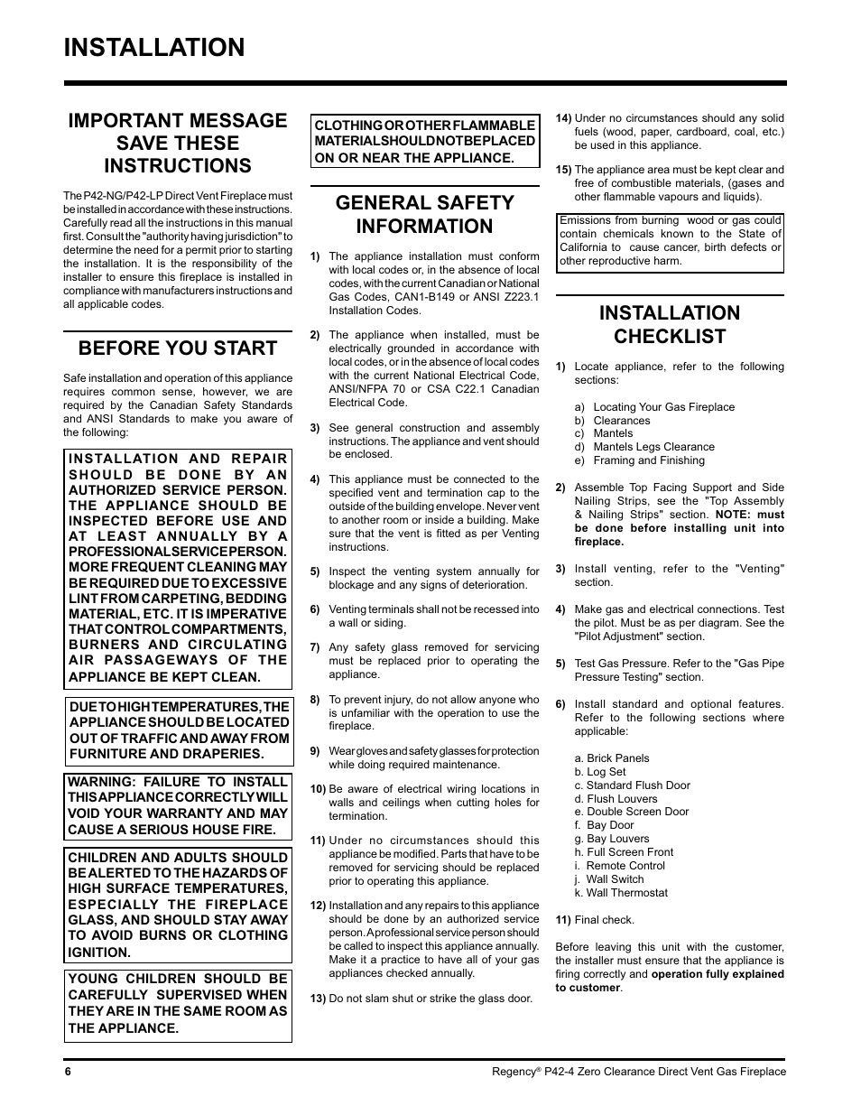 Installation, Installation checklist, Important message save these instructions | Before you start, General safety information | Regency P42-NG4 User Manual | Page 6 / 48
