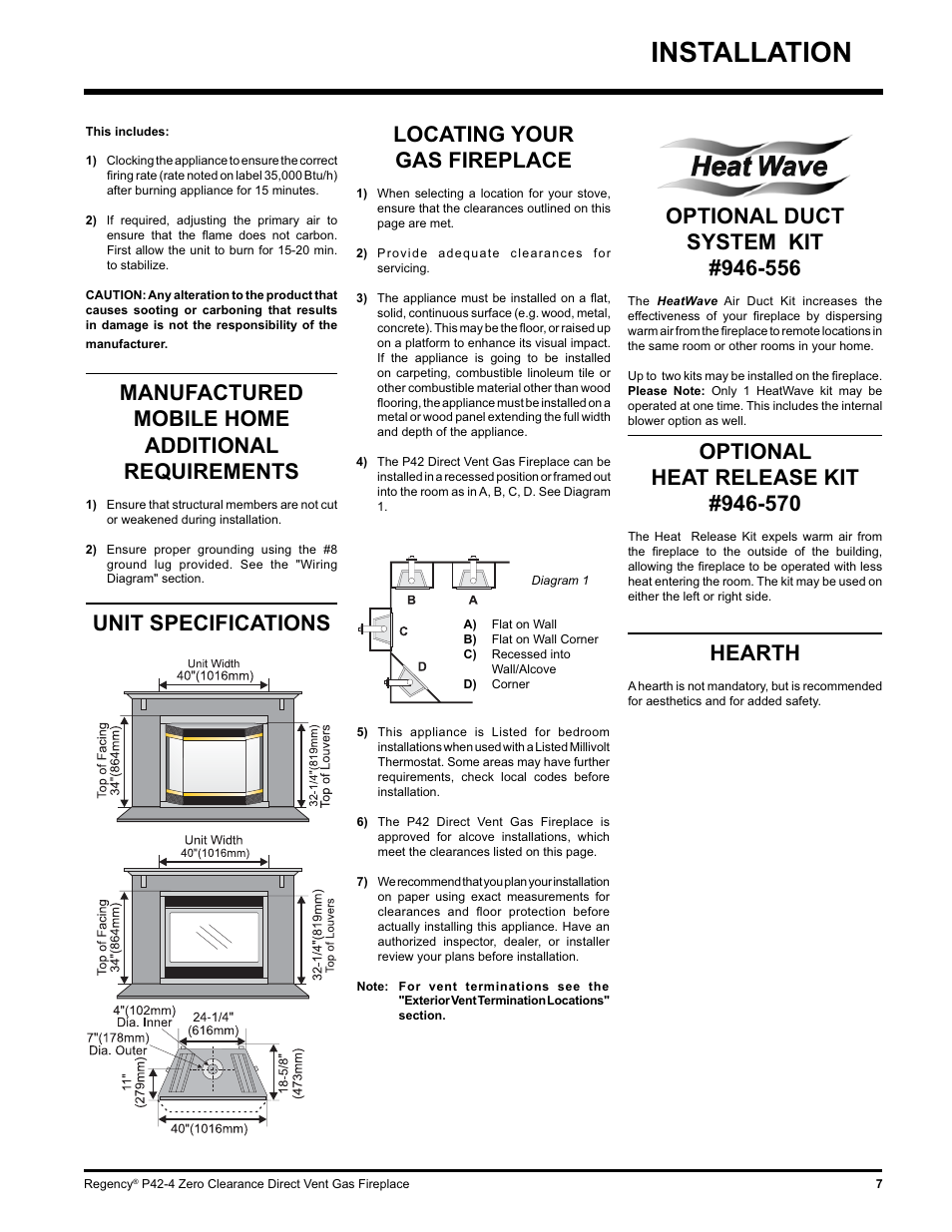 Installation, Unit specifications, Manufactured mobile home additional requirements | Locating your gas fireplace, Hearth | Regency P42-NG4 User Manual | Page 7 / 48