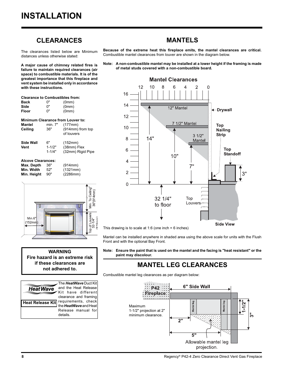 Installation, Mantel leg clearances, Mantels | Clearances | Regency P42-NG4 User Manual | Page 8 / 48