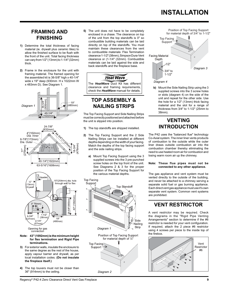Installation, Top assembly & nailing strips, Venting introduction | Vent restrictor, Framing and finishing | Regency P42-NG4 User Manual | Page 9 / 48
