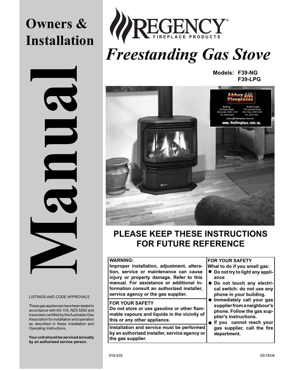 Regency Freestanding Gas Stove F39-LPG User Manual | 31 pages