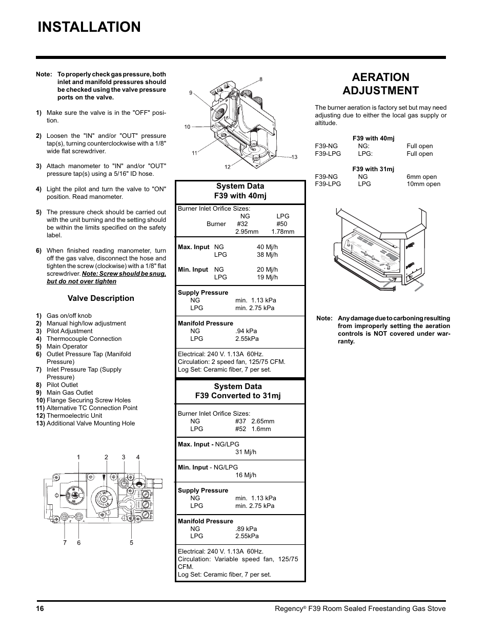 Installation, Aeration adjustment | Regency Freestanding Gas Stove F39-LPG User Manual | Page 16 / 31