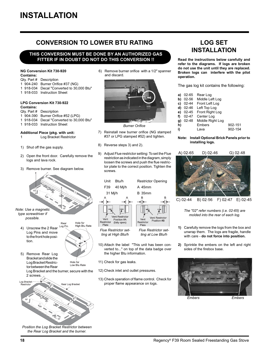 Installation, Log set installation, Conversion to lower btu rating | Regency Freestanding Gas Stove F39-LPG User Manual | Page 18 / 31