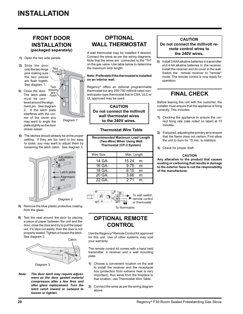 Installation, Optional wall thermostat, Optional remote control | Front door installation, Final check | Regency Freestanding Gas Stove F39-LPG User Manual | Page 20 / 31