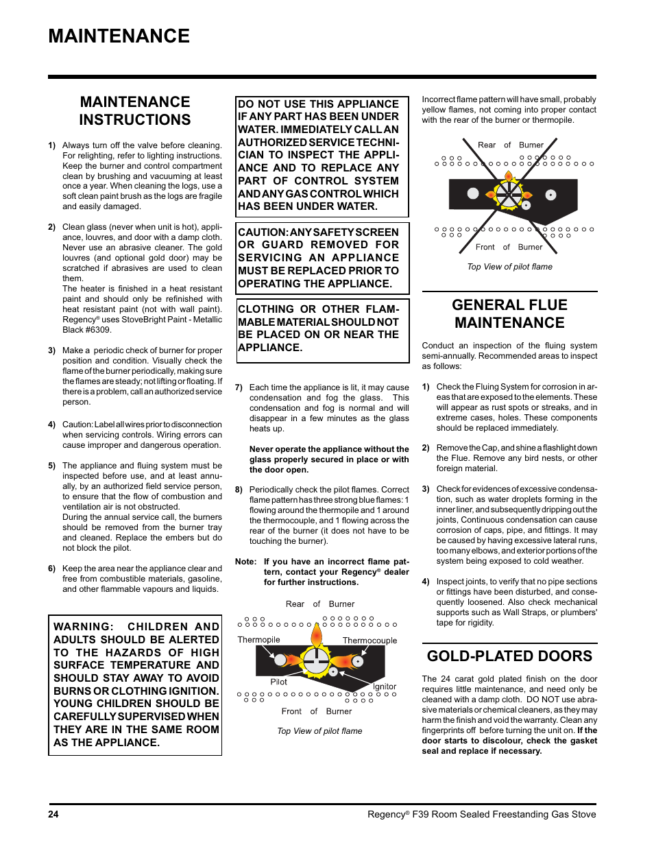 Maintenance, Maintenance instructions, General flue maintenance | Gold-plated doors | Regency Freestanding Gas Stove F39-LPG User Manual | Page 24 / 31