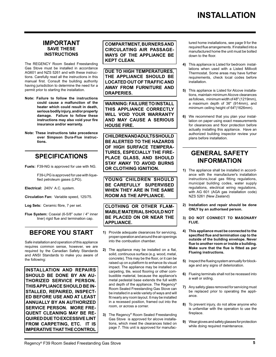 Installation, Important, Specifications | Before you start, General safety information | Regency Freestanding Gas Stove F39-LPG User Manual | Page 5 / 31