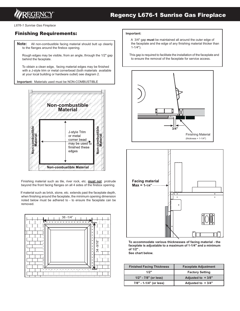 Regency l676-1 sunrise gas fireplace, Finishing requirements | Regency Sunrise Gas Fireplace L676S-NG User Manual | Page 2 / 3