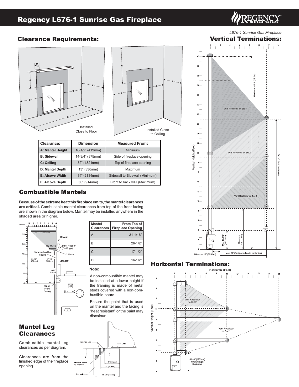 Regency l676-1 sunrise gas fireplace, Clearance requirements: combustible mantels, Mantel leg clearances | Vertical terminations: horizontal terminations | Regency Sunrise Gas Fireplace L676S-NG User Manual | Page 3 / 3