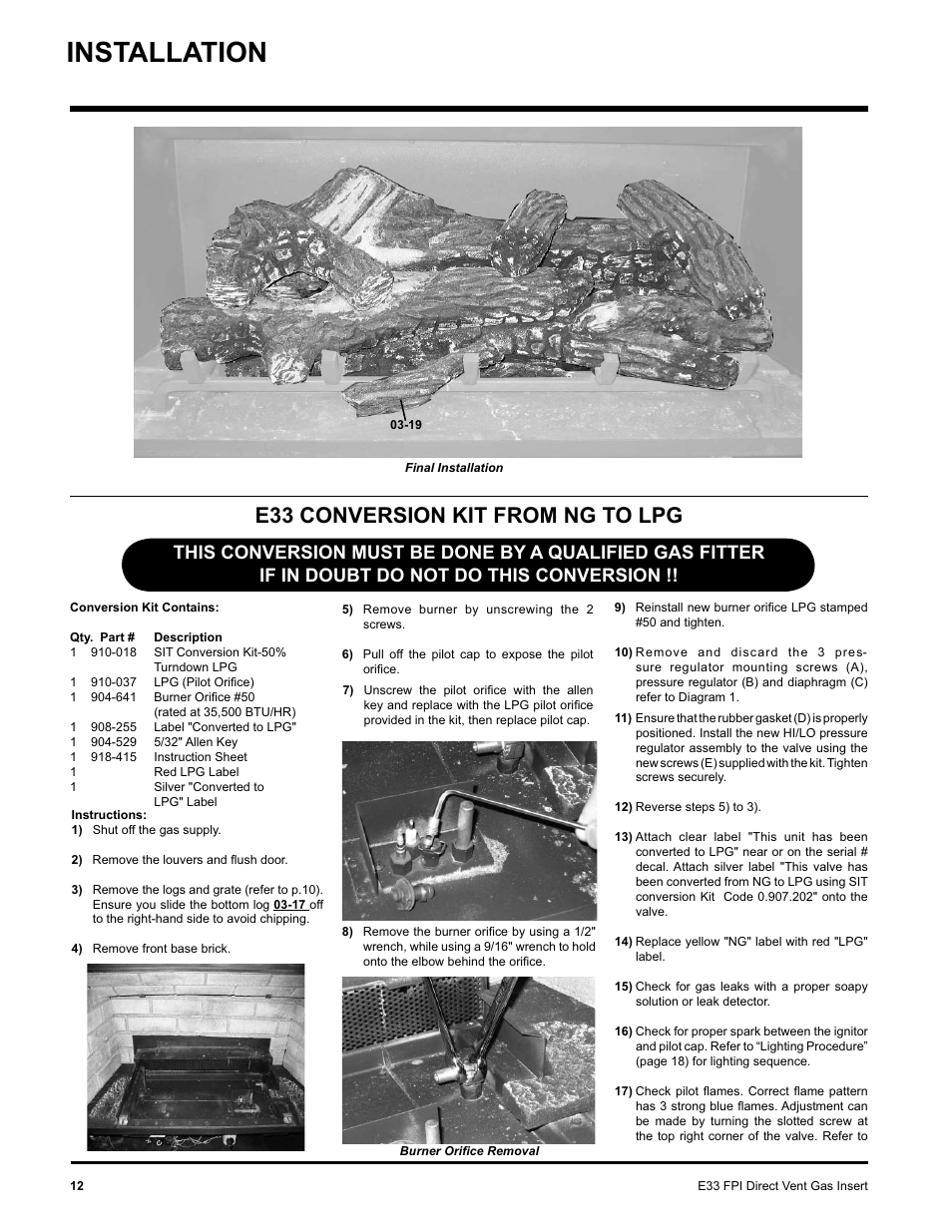 Installation, E33 conversion kit from ng to lpg | Regency E33-NG User Manual | Page 12 / 32